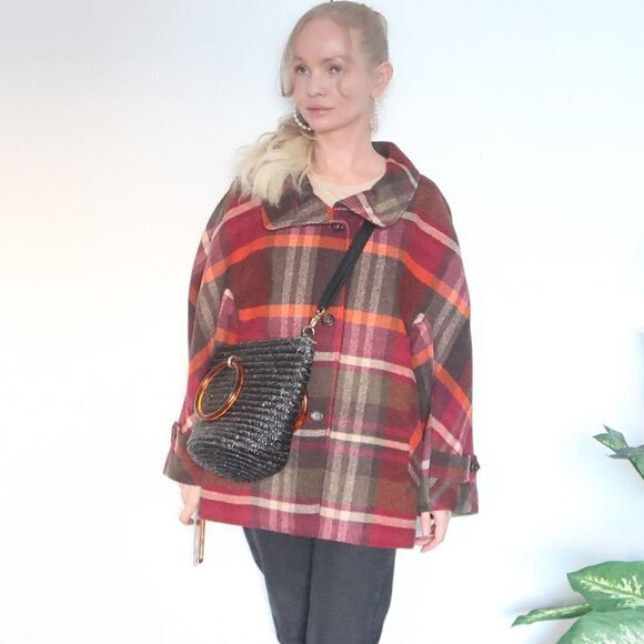 Talbots Multicolor Orange, Burgundy & Brown Wool Plaid Coat Size 16w - Picture 2 of 16
